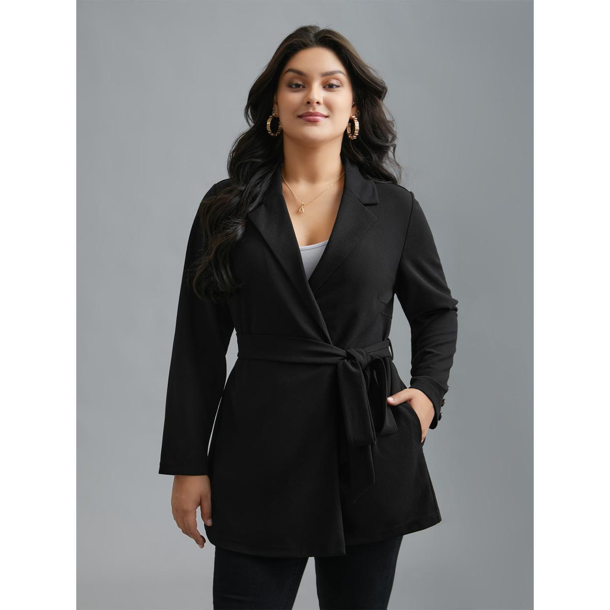 Plus Size Lapel Collar Belted Button Detail Jacket Women Black Belted Bodycon Side seam pocket Belt Everyday Jackets BloomChic 10/M Product Image