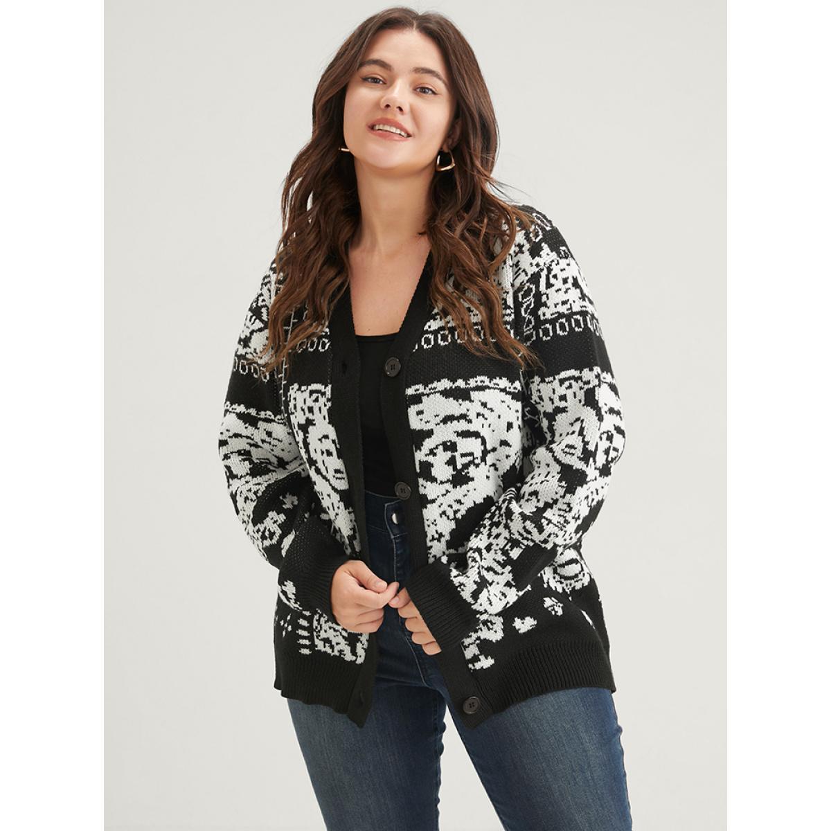 Plus Size Bandana Super Soft Knit Button Front Jacquard Cardigan BlackFlower Women Casual Long Sleeve Dailywear Cardigans BloomChic 18-20/2X Product Image