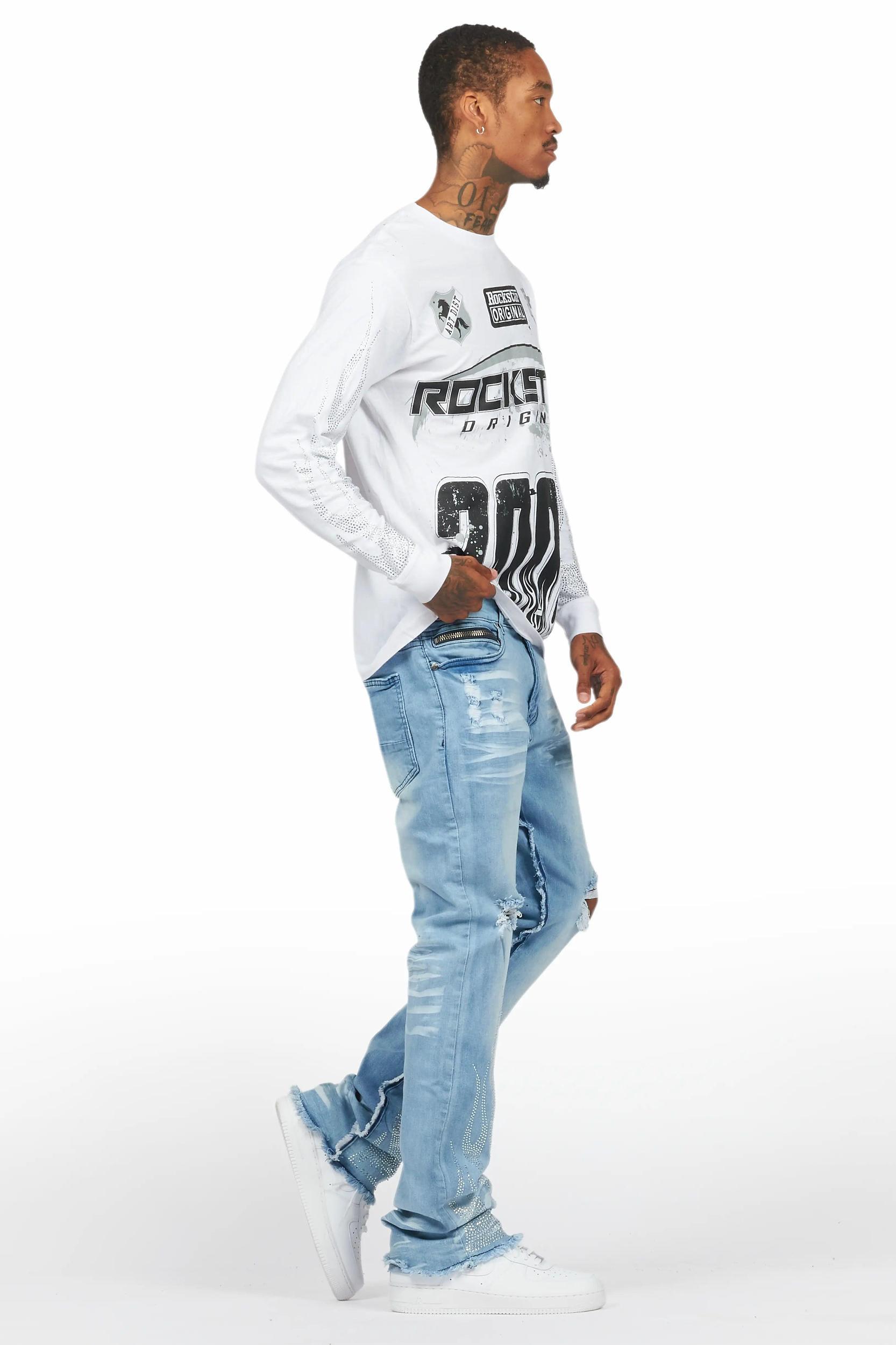 Amos White/Blue Rhinestone Long Sleeve T-Shirt/Stacked Flare Jean Set Male Product Image