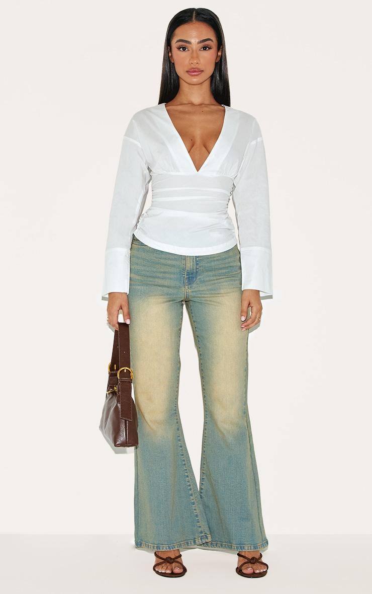 Petite White Fitted Ruched Waist Shirt Product Image