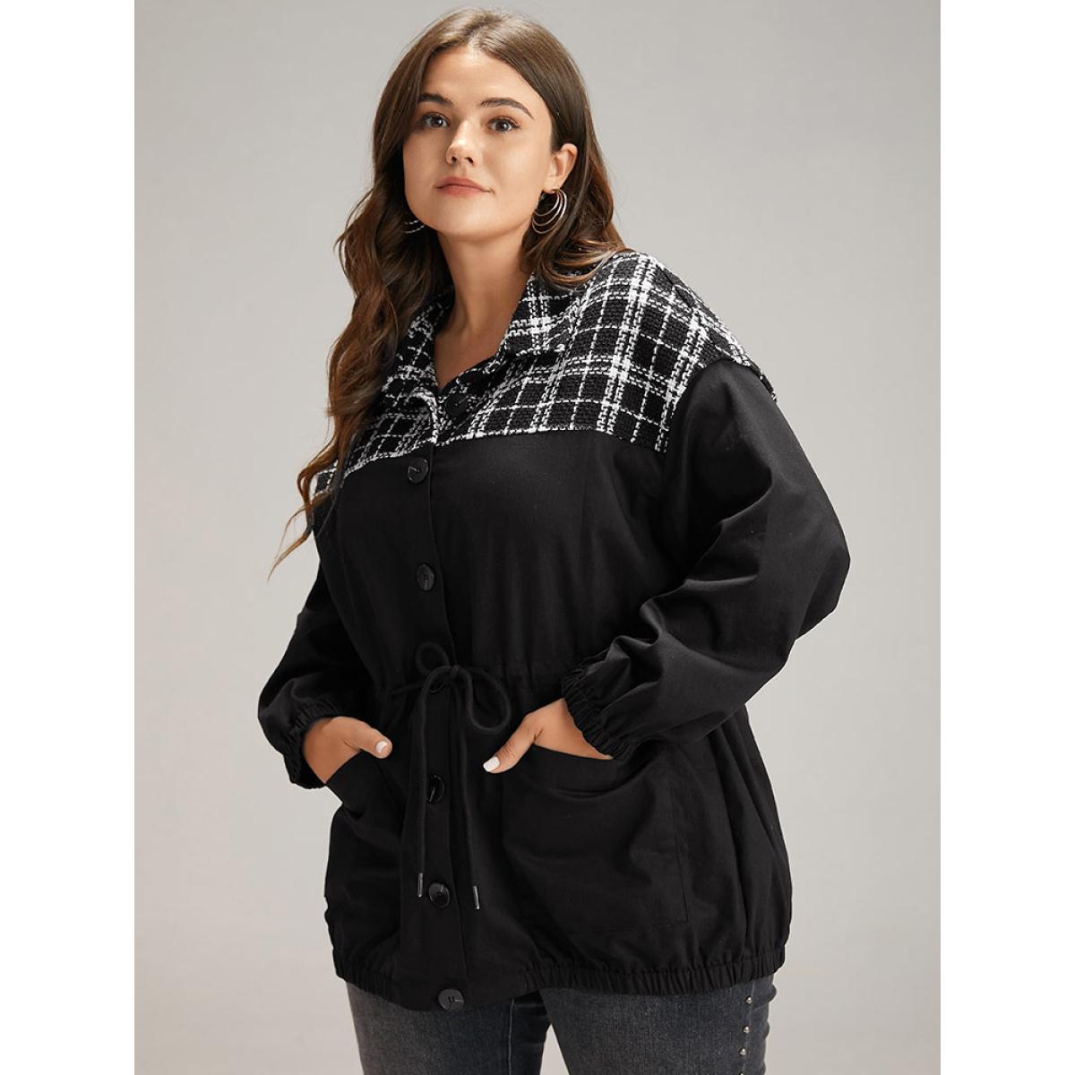 Plus Size Plaid Patchwork Contrast Drawstring Button Up Jacket Women Black Elastic cuffs Pocket Dailywear Jackets BloomChic 26/4X Product Image