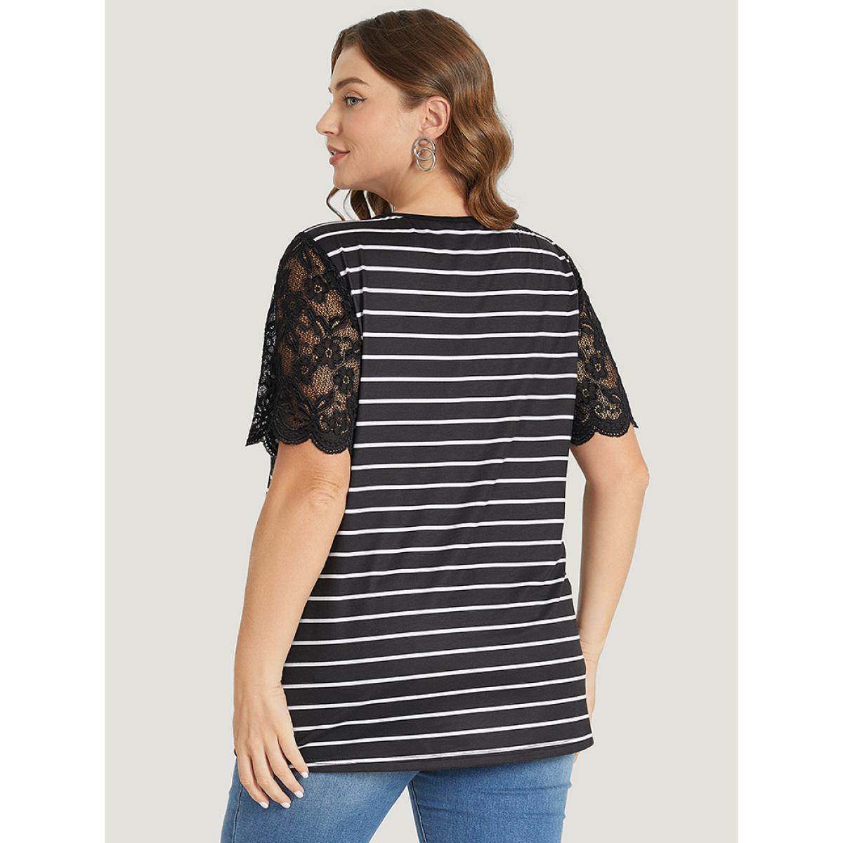 Plus Size Striped Patchwork Lace Scalloped Trim T-shirt Black Women Elegant Contrast Striped Round Neck Dailywear T-shirts BloomChic 18-20/2X Product Image