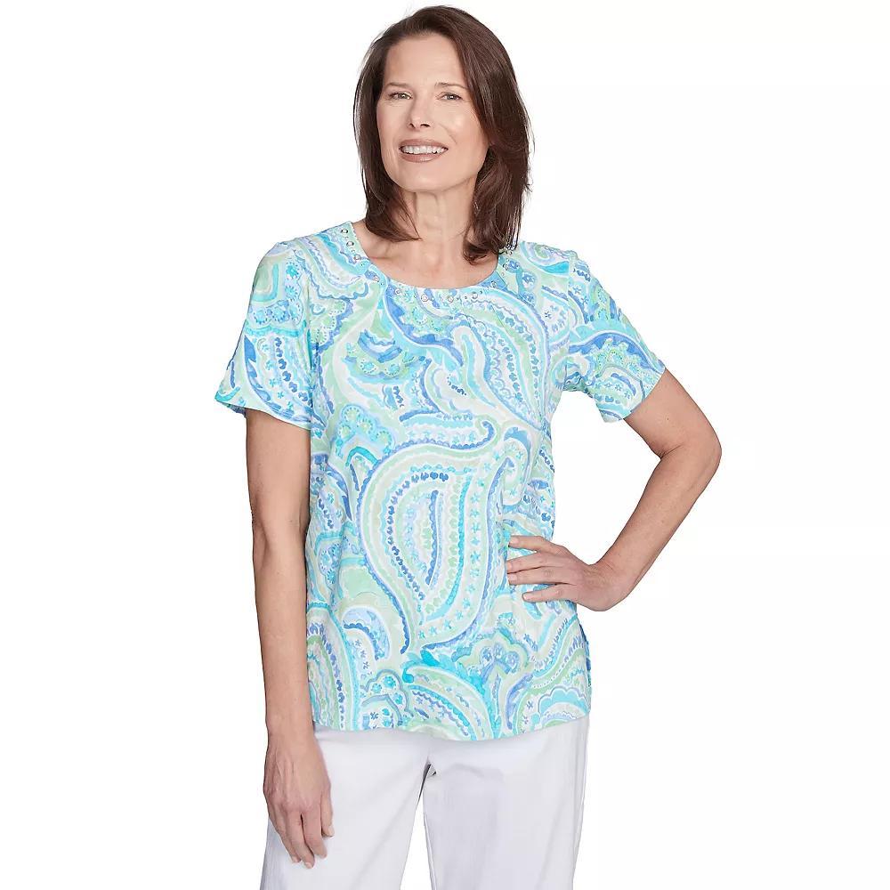 Petite Alfred Dunner Pleated Crew Neck Paisley Top, Women's, Size: XL Petite, Blue Team Product Image