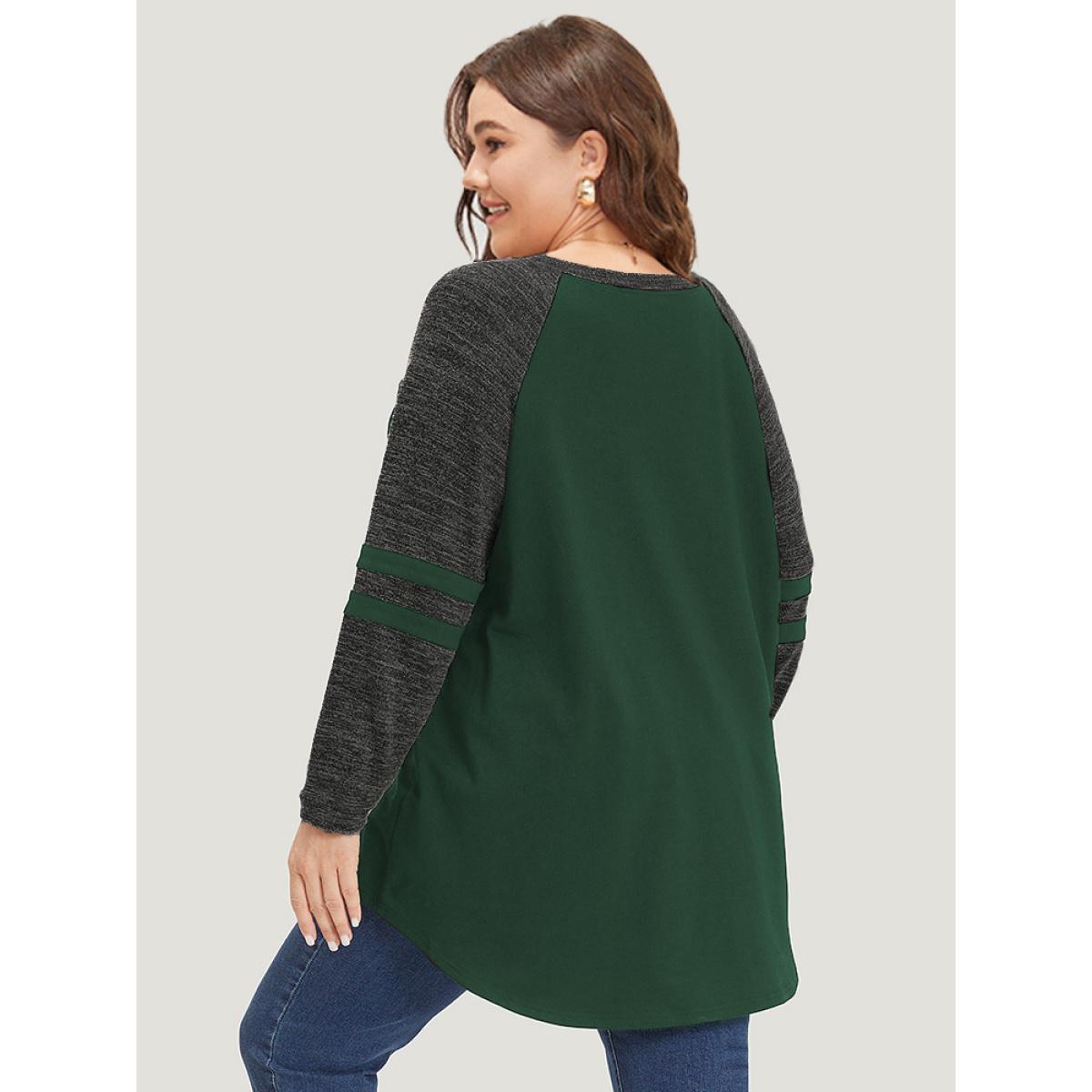 Plus Size Striped Contrast Pocket Raglan Sleeve High Low Hem Sweatshirt Women DarkGreen Casual Contrast Round Neck Everyday Sweatshirts BloomChic 28/5X Product Image