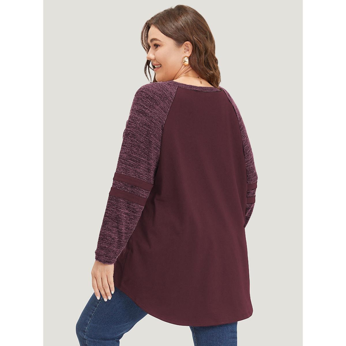 Plus Size Striped Contrast Pocket Raglan Sleeve High Low Hem Sweatshirt Women Burgundy Casual Contrast Round Neck Everyday Sweatshirts BloomChic 30/6X Product Image