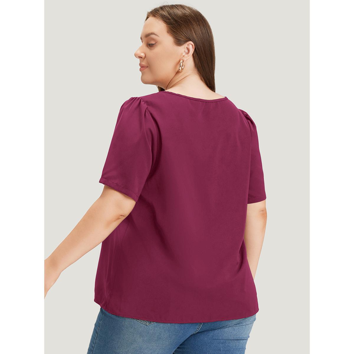 Plus Size Burgundy Anti-Wrinkle Plain Metal Detail Keyhole Neck Blouse Women Office Short sleeve V-neck Work Blouses BloomChic 22-24/3X Product Image