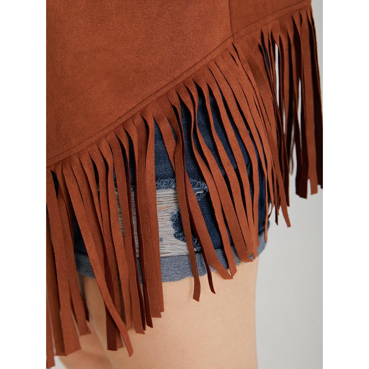Plus Size Plain Laser Cut Tassel Trim Sleeveless Kimono Women Chocolate Vacation Tassels Dailywear Kimonos BloomChic 28/5X Product Image