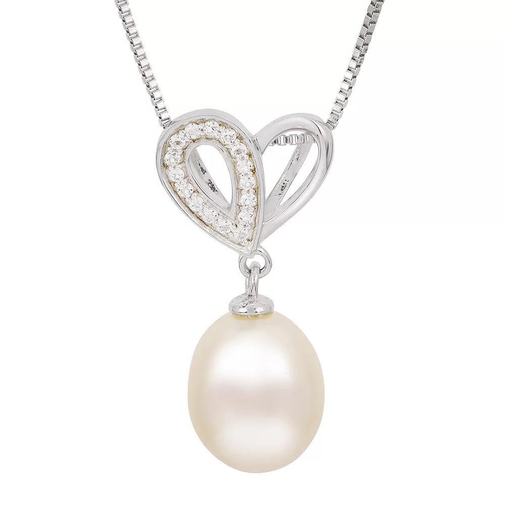 Sterling Silver Freshwater Cultured Pearl and White Topaz Heart Pendant, Womens Product Image