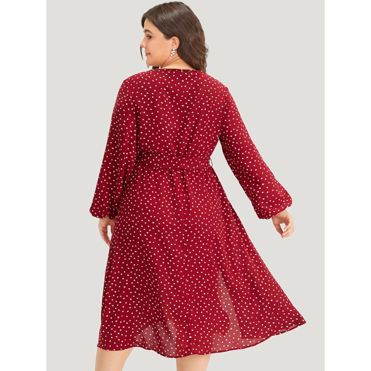 Plus Size Polka Dot Split Side Belted Lantern Sleeve Dress Scarlet Women Elegant Elastic cuffs V-neck Long Sleeve Curvy Midi Dress BloomChic 30/6X Product Image