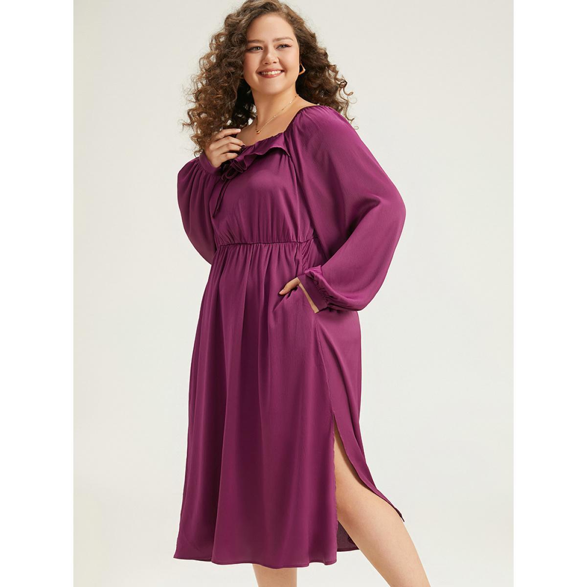 Plus Size Plain Flutter Trim Ties Split Side Dress Purple Women Elegant Gathered Square Neck Long Sleeve Curvy Midi Dress BloomChic 18-20/2X Product Image