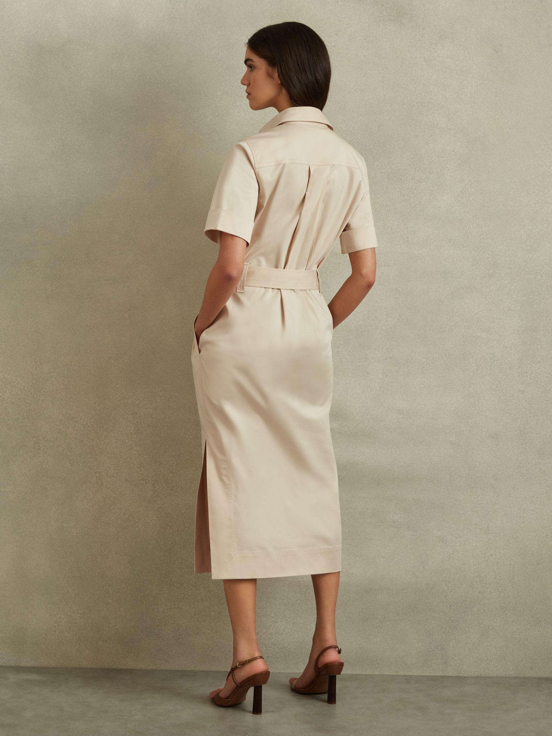 Cotton Blend Utility Belted Midi Dress in Stone Product Image