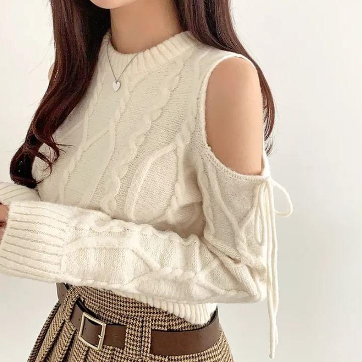 Cold Shoulder Bow Detail Cable Knit Sweater Product Image