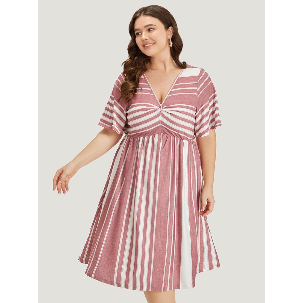 Plus Size Striped Print Pocket Twist Front Dress DustyPink Women Casual Elastic Waist V-neck Short sleeve Curvy Midi Dress BloomChic 12/L Product Image
