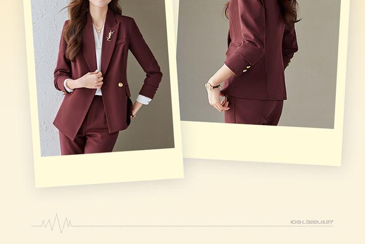 Peak Lapel Plain Asymmetrical One-Buttoned Blazer / Mid Rise Flared Dress Pants / Long-Sleeve V-Neck Blouse / Set Product Image