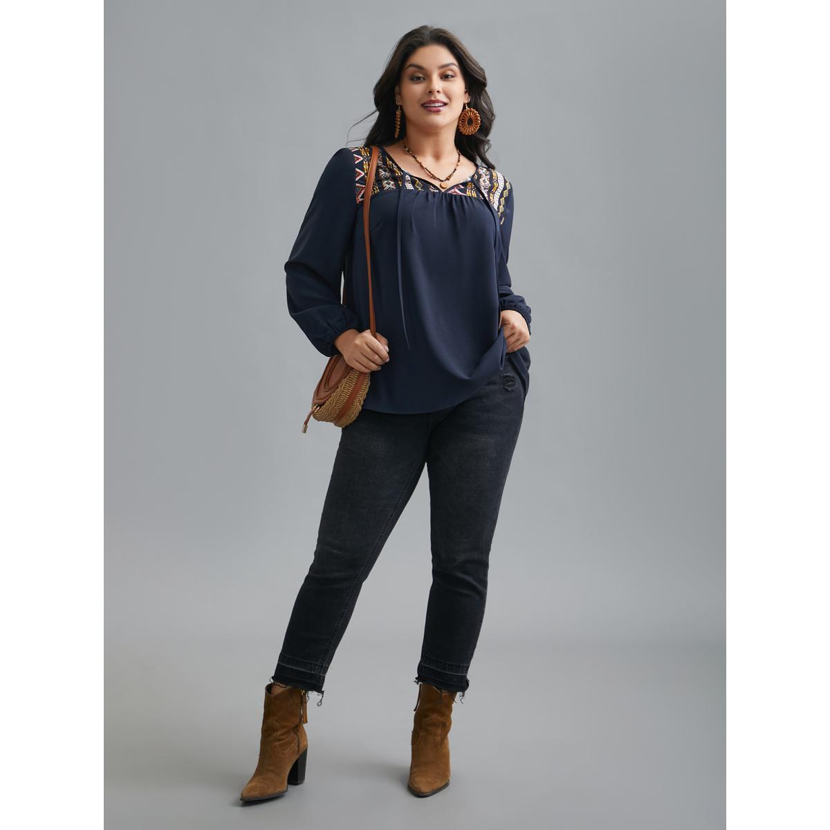 Plus Size Indigo Bandana Print Patchwork Ties Blouse Women Resort Long Sleeve Non Vacation Blouses BloomChic 28/5X Product Image