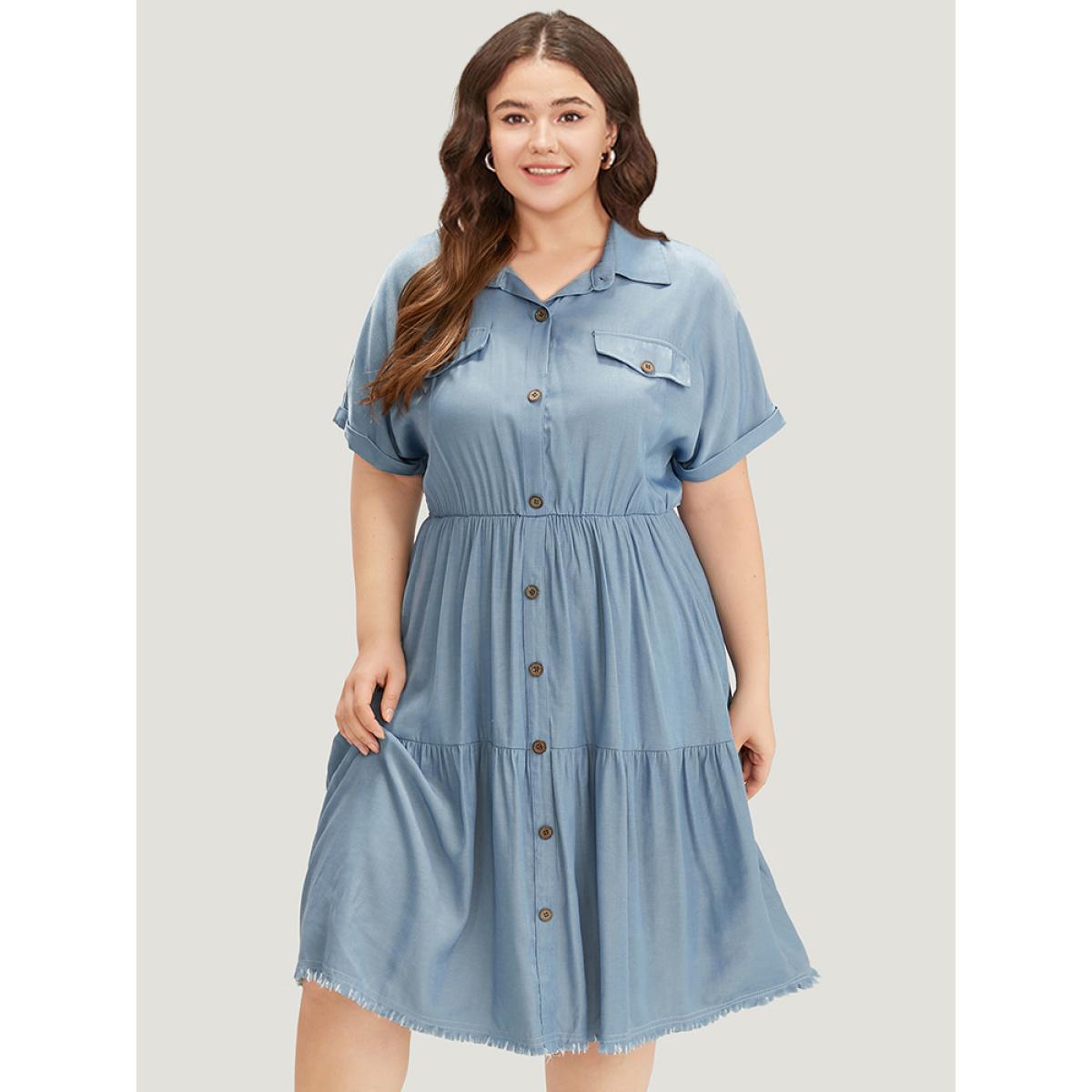 Plus Size Plain Pocket Button Detail Gathered Roll Dolman Sleeve Dress Stone Women Casual Gathered Shirt collar Short sleeve Curvy Midi Dress BloomChic 28/5X Product Image