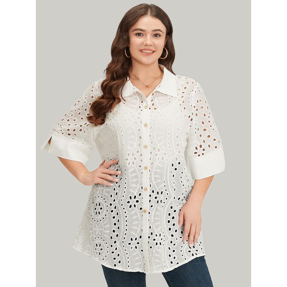 Plus Size Plain Shirt Collar Broderie Anglaise Open Front Kimono Women White Casual Patchwork Dailywear Kimonos BloomChic 12/L Product Image