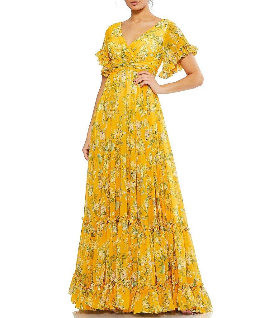 Mac Duggal Ruffle Trim A-Line Floral Print Chiffon Gown Product Image