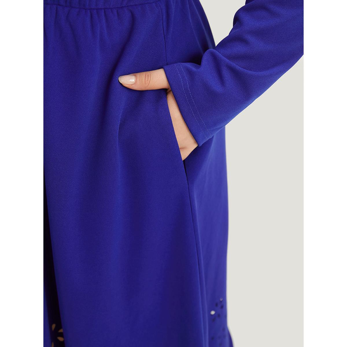 Plus Size Plain Laser Cut Gathered Square Neck Dress DarkBlue Women Elegant Plain Square Neck Long Sleeve Curvy Midi Dress BloomChic 14-16/1X Product Image