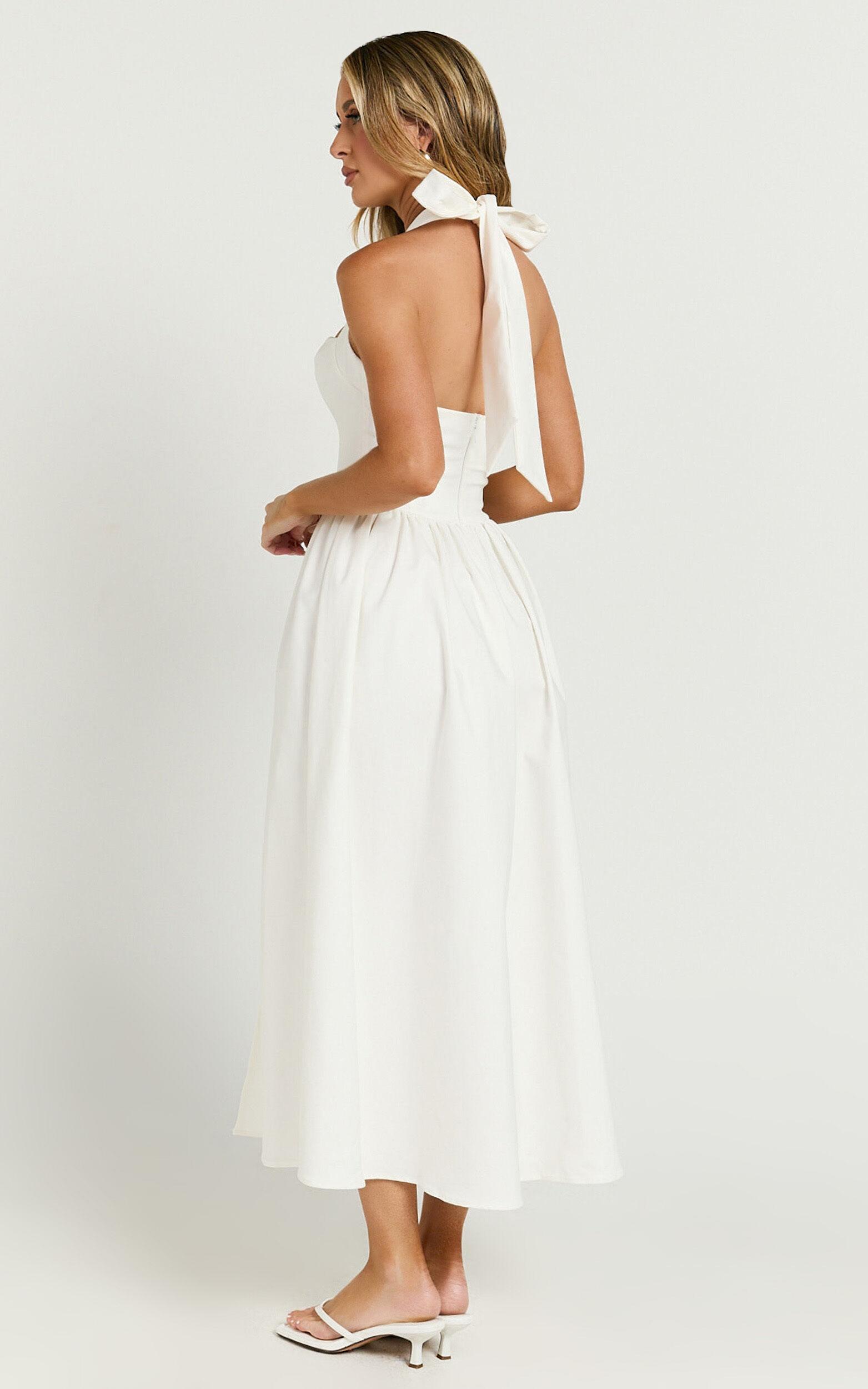 Helda Midi Dress - Halter Tie Neck Corset Panel Dress in Off White Product Image