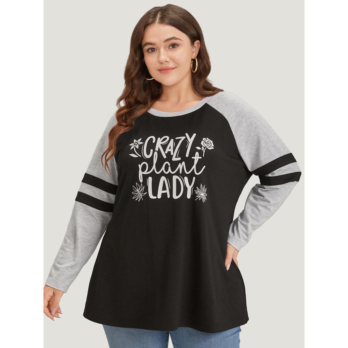 Plus Size Letter & Floral Print Striped Patchwork Raglan Sleeve Sweatshirt Women Multicolor Casual Contrast Dailywear Sweatshirts BloomChic 26/4X Product Image