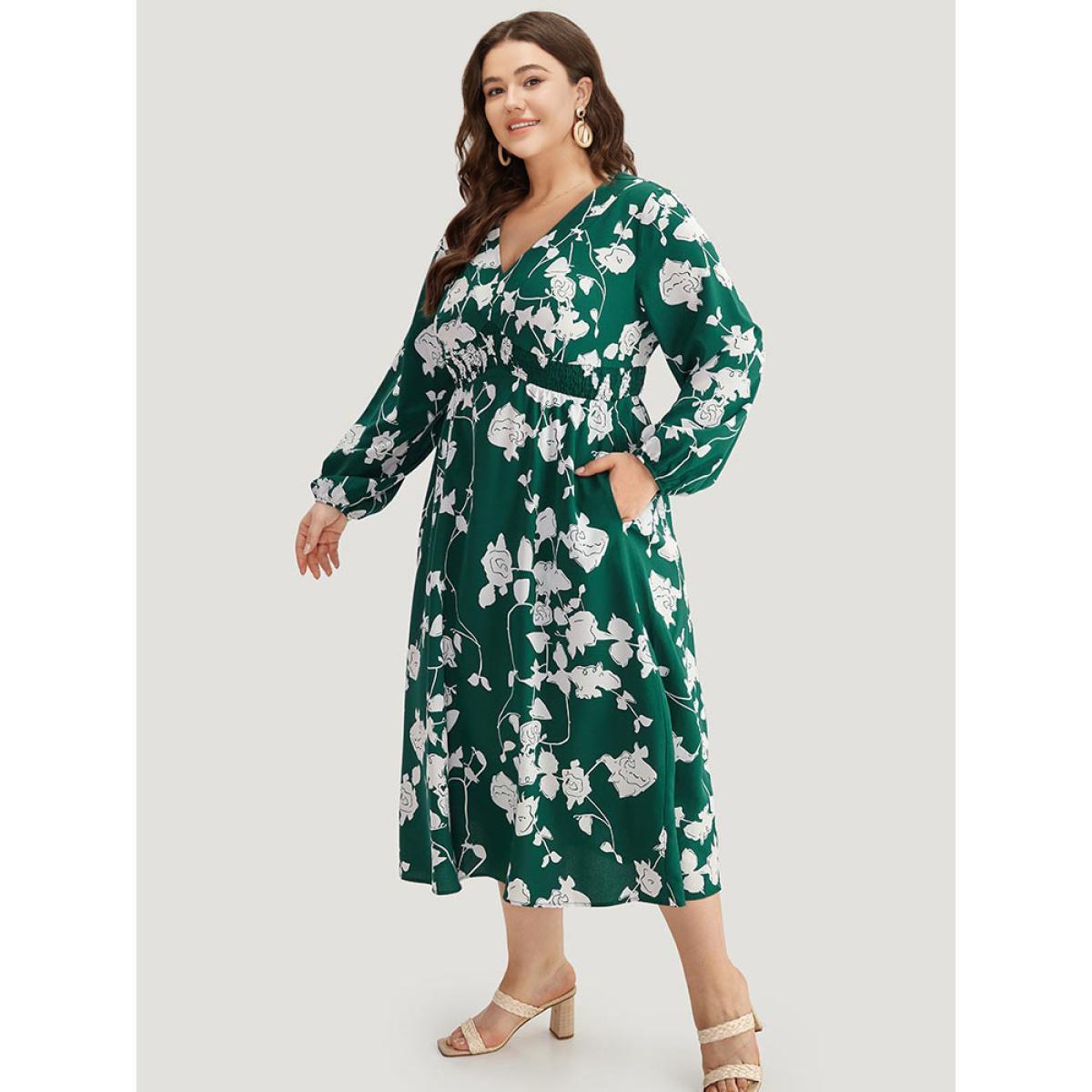 Plus Size Silhouette Floral Print Shirred Elastic Cuffs Dress DarkGreen Women Elegant Elastic cuffs V-neck Long Sleeve Curvy Midi Dress BloomChic 28/5X Product Image