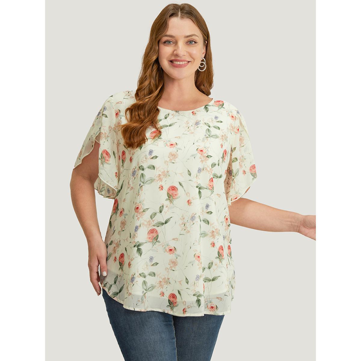 Plus Size Ivory Floral Split Sleeve Chiffon Blouse Women Elegant Short sleeve Round Neck Dailywear Blouses BloomChic 22-24/3X Product Image