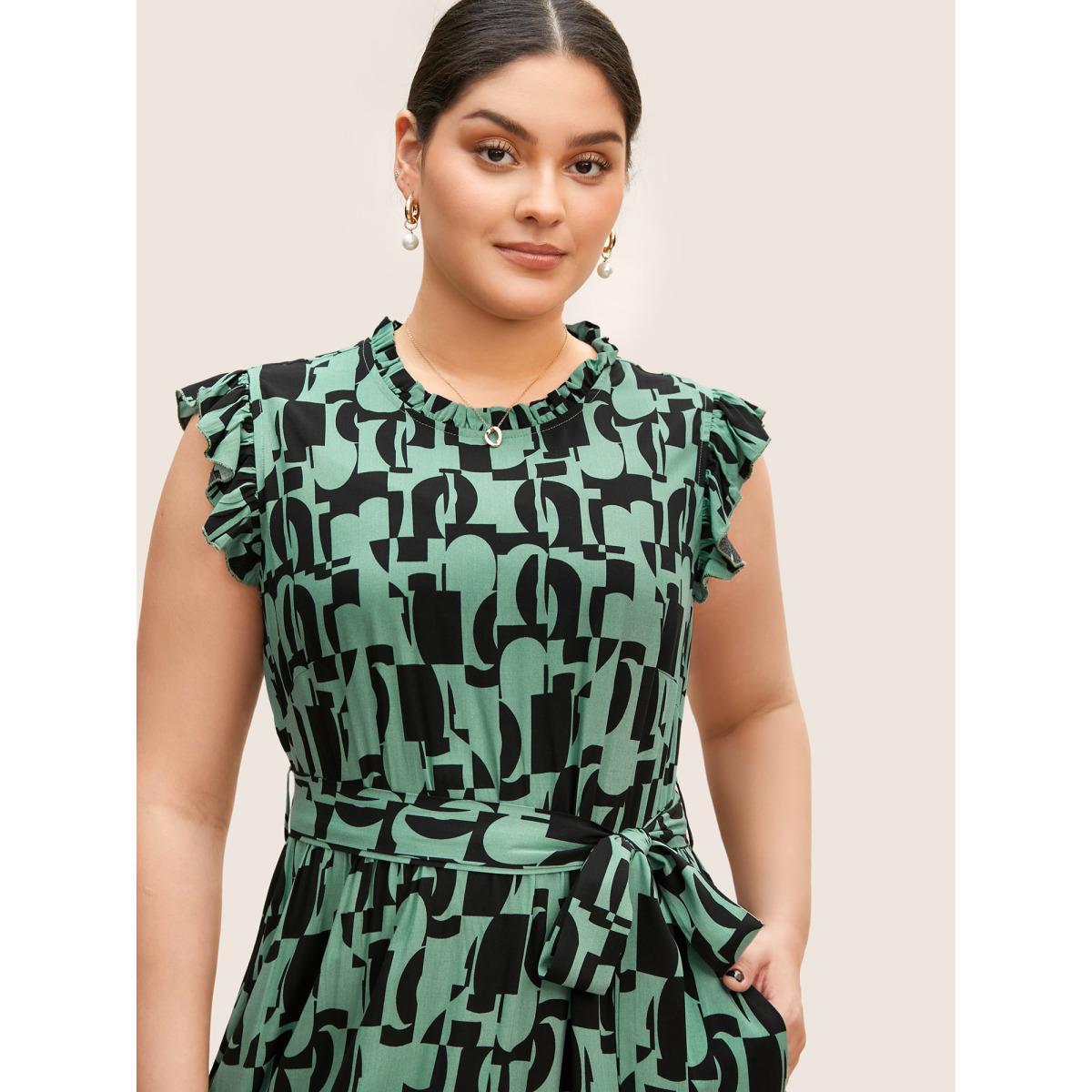 Plus Size Geometric Mock Neck Ruffles Trim Belted Dress Emerald Women At the Office Belted Mock Neck Cap Sleeve Curvy BloomChic 10/M Product Image