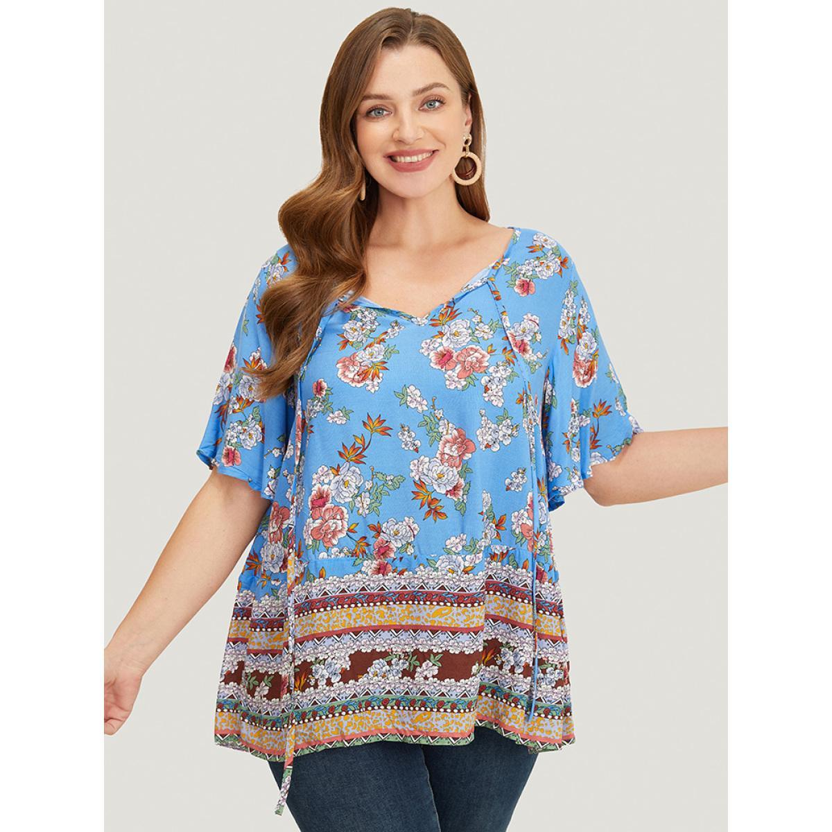 Plus Size Cerulean Bandana Flutter Sleeve Tie Neck Cut Out Blouse Women Vacation Short sleeve V-neck Dailywear Blouses BloomChic 26/4X Product Image