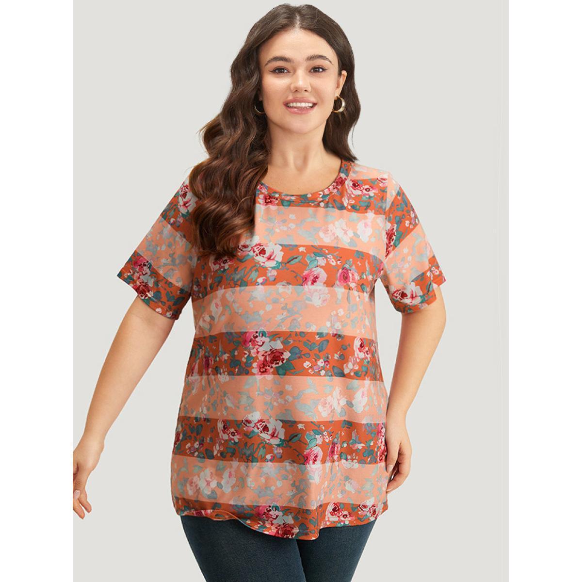 Plus Size Halloween Floral Print Striped Crew Neck T-shirt Multicolor Women Casual Printed Plants Round Neck Festival-Halloween T-shirts BloomChic 12/L Product Image