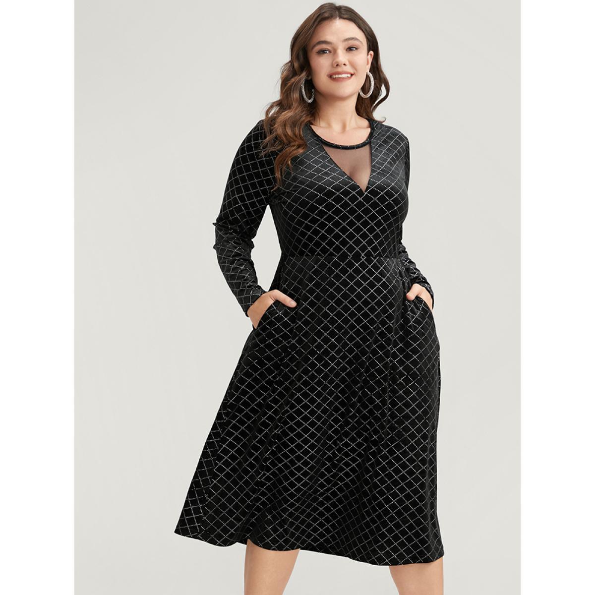 Plus Size Plaid Glitter Mesh Insert Pocket Velvet Dress Black Women Party Velvet Round Neck Long Sleeve Curvy Midi Dress BloomChic 12/L Product Image