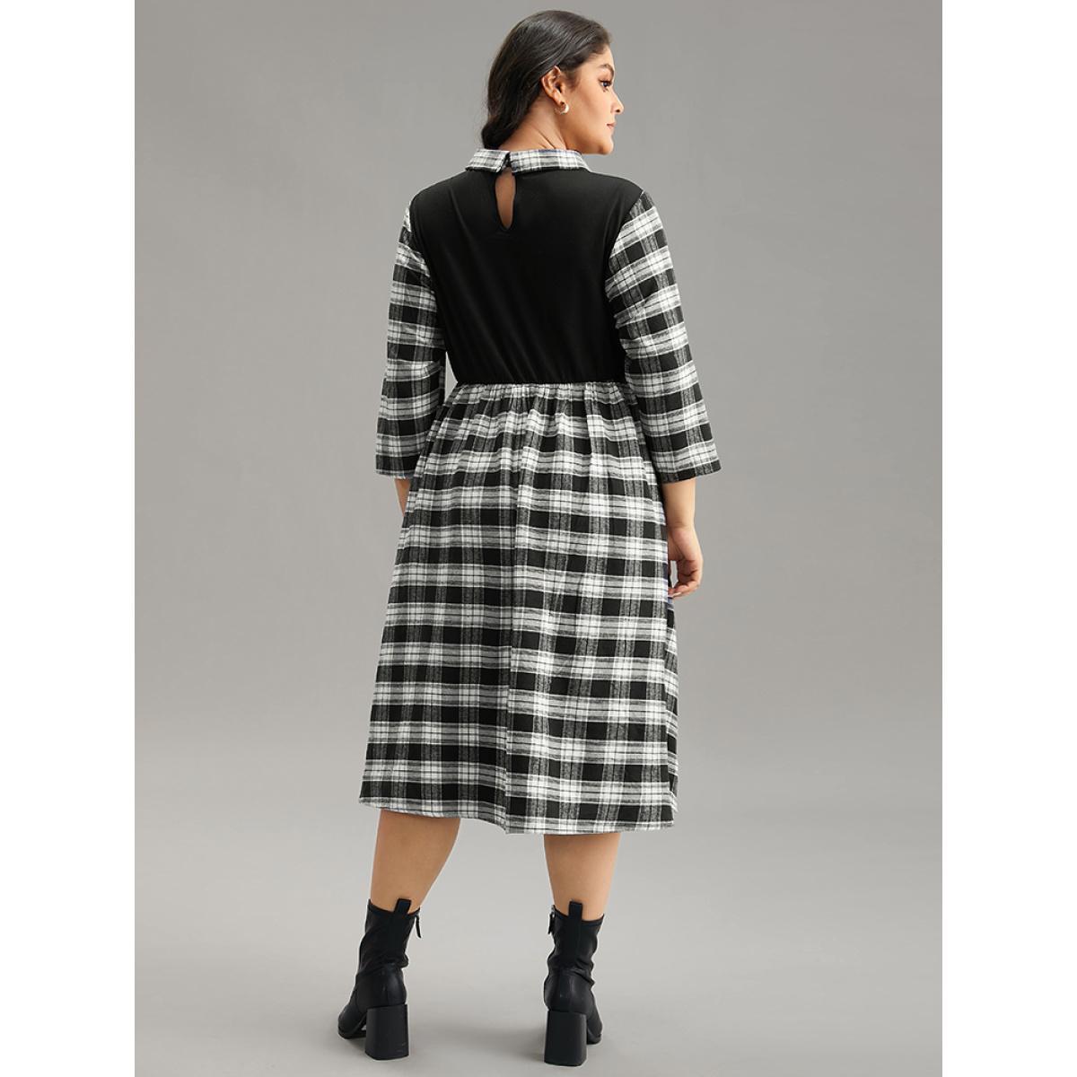 Plus Size Plaid Patchwork Elastic Waist Lapel Collar Dress Black Women Casual Printed Lapel Collar Elbow-length sleeve Curvy Midi Dress BloomChic 28/5X Product Image
