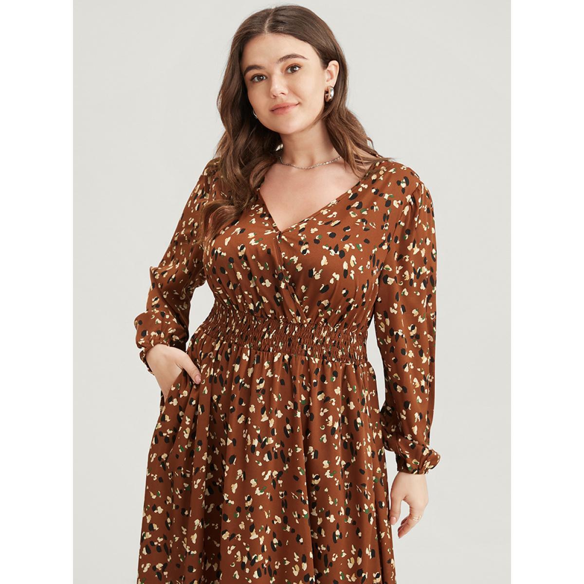 Plus Size Allover Print Shirred Pocket Surplice Neck Hanky Hem Dress Chocolate Women Elegant Asymmetrical V-neck Long Sleeve Curvy Midi Dress BloomChic 26/4X Product Image