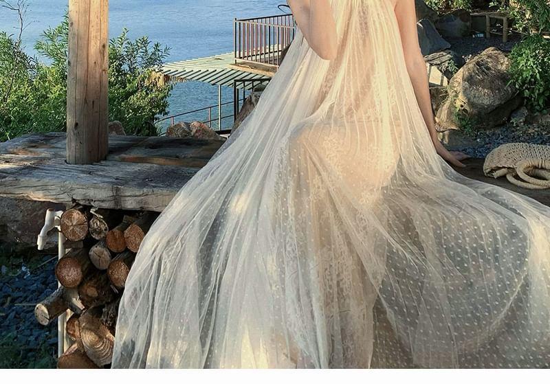 Sleeveless Stand Collar Plain Accordion Pleated Mesh Maxi A-Line Dress Product Image
