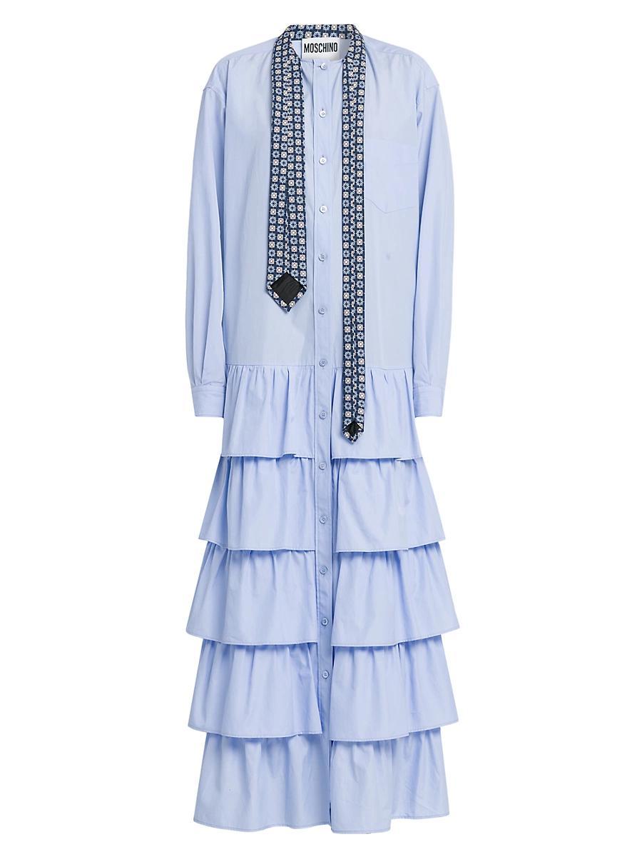 Womens Tie Poplin Cotton Ruffle Shirtdress Product Image