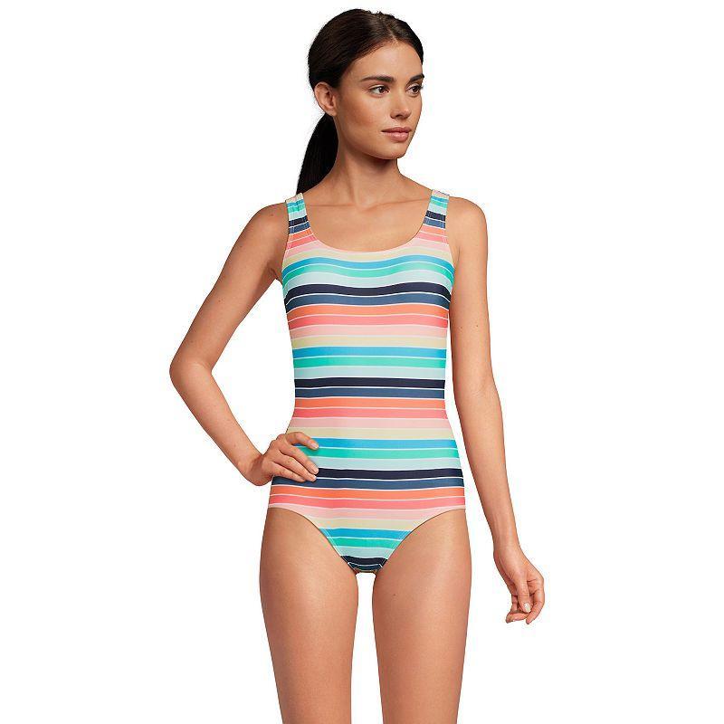 Women's Lands' End Tugless Sporty UPF 50 One-Piece Swimsuit, Size: 2, Blue Small Geo Product Image