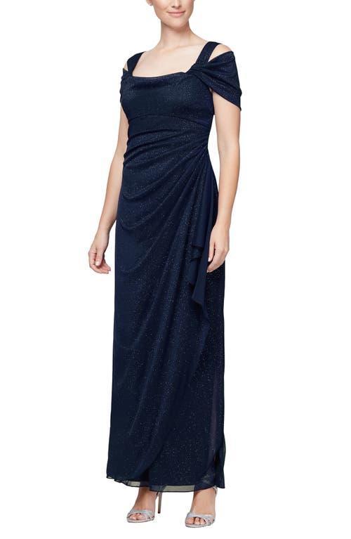 Alex Evenings Glitter Mesh Cowl Neck Cold Shoulder Cap Sleeve Side Slit Ruched Gown Product Image