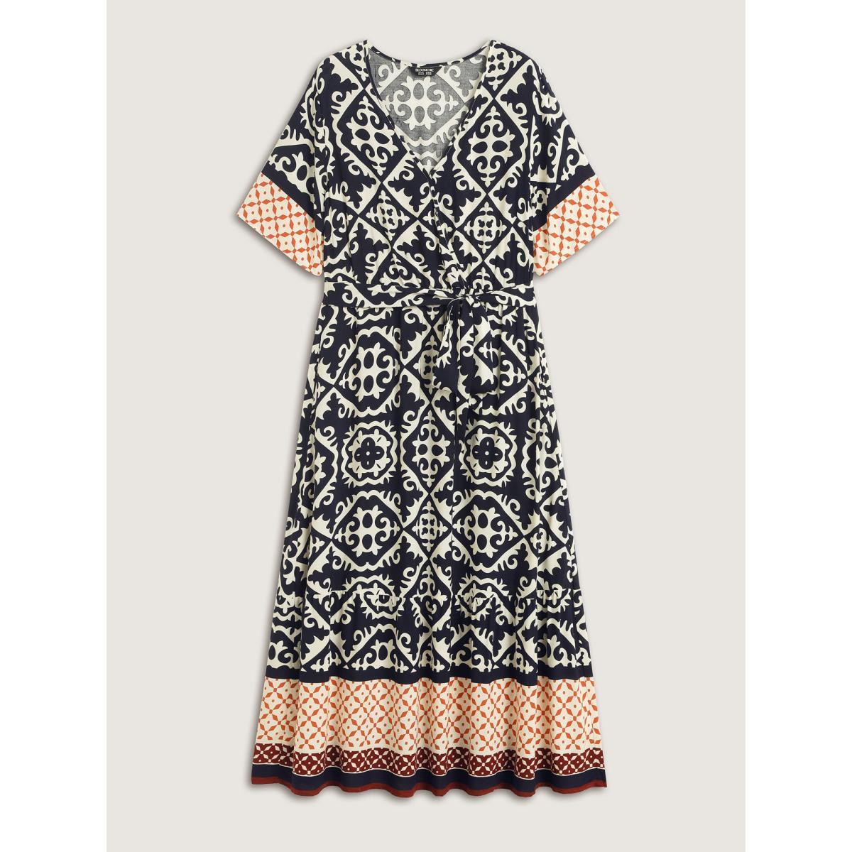 Plus Size Boho Print Side Tie Maxi Dress Midnight Women Belted V-neck Short sleeve Curvy BloomChic 10/M Product Image