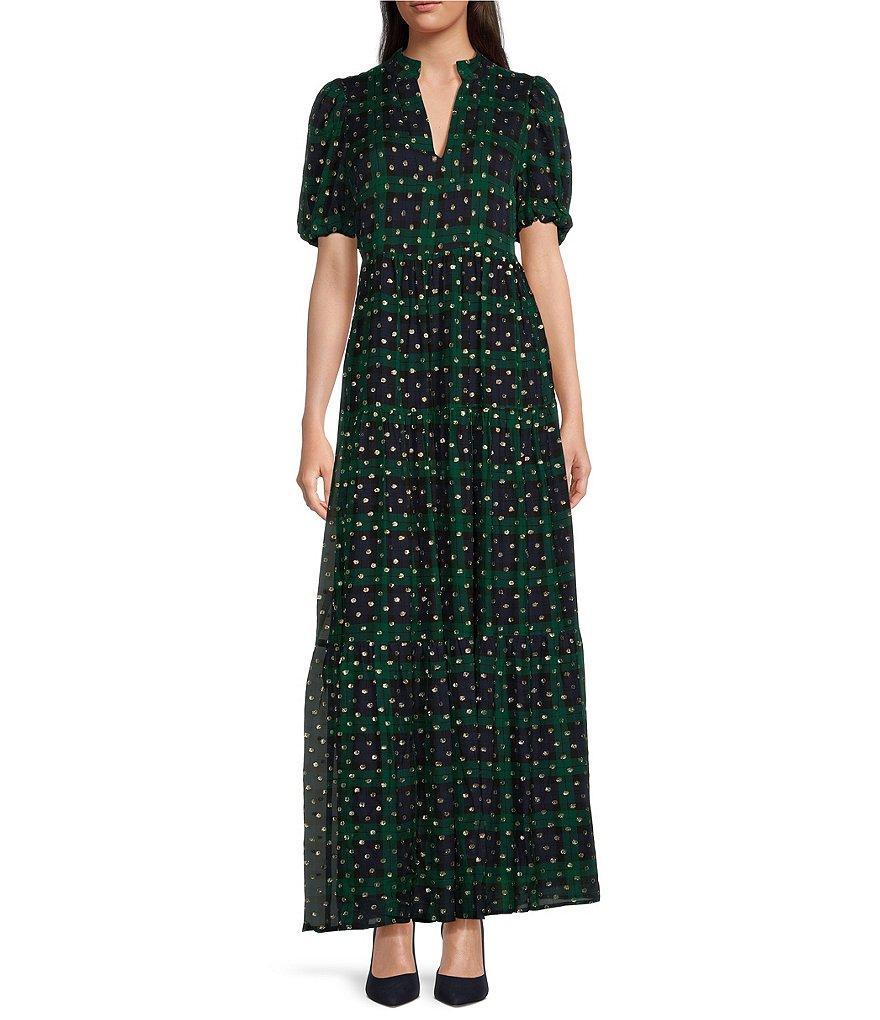 Sail To Sable x Style Charade Marie Blackwatch Plaid Metallic Clip Dot V-Neck Short Puff Sleeve Tiered Maxi Dress Product Image