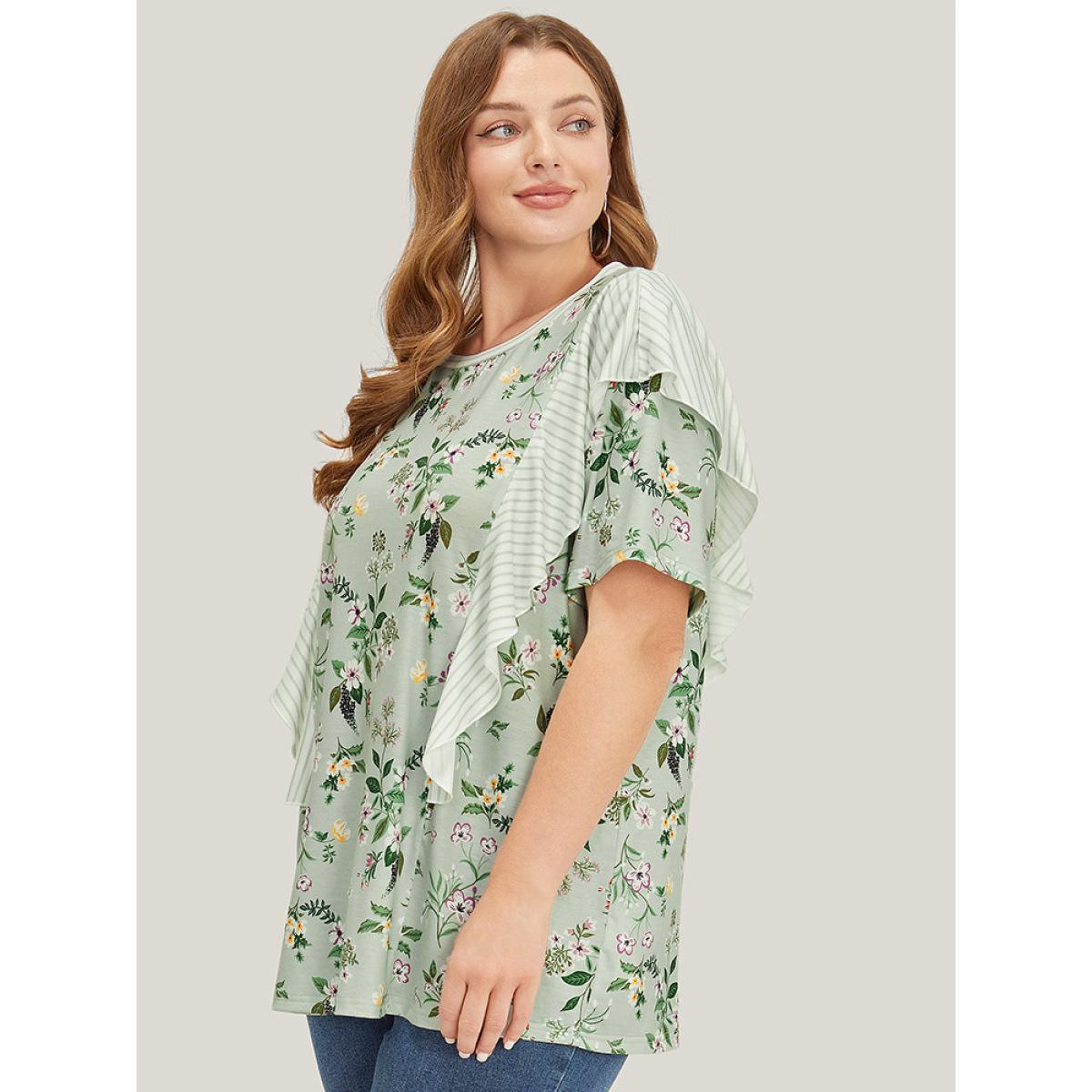 Plus Size Floral Patchwork Round Neck Striped Ruffle Trim T-shirt SpringGreen Women Elegant Striped Round Neck Dailywear T-shirts BloomChic 28/5X Product Image