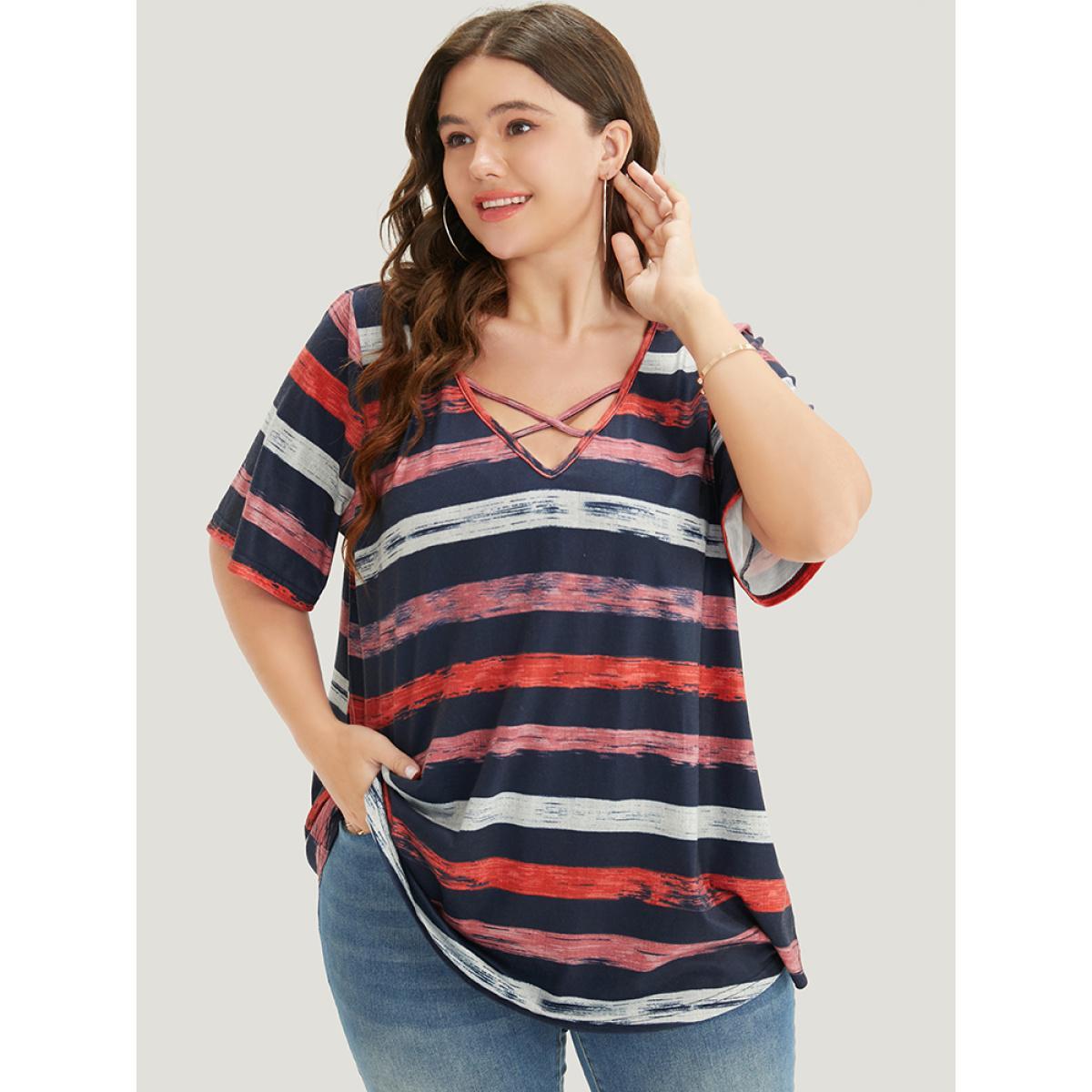 Plus Size Striped Contrast Crisscross Neck T-shirt Midnight Women Casual Striped V-neck Dailywear T-shirts BloomChic 28/5X Product Image