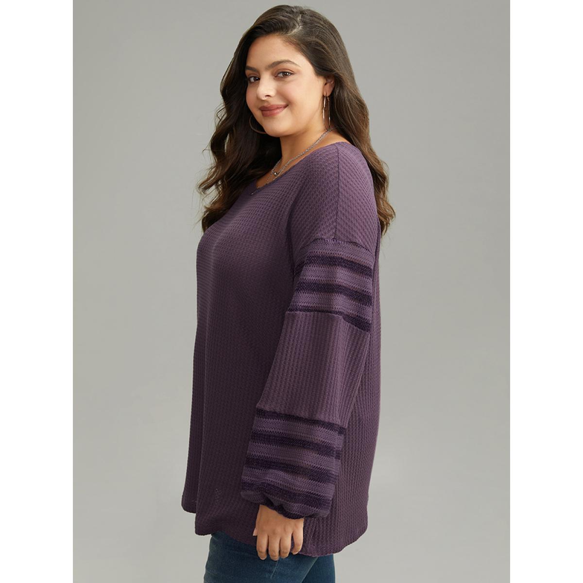 Plus Size Plain Texture Patchwork Hollow Out T-shirt Mauve Women Casual Elastic cuffs Plain Round Neck Dailywear T-shirts BloomChic 18-20/2X Product Image