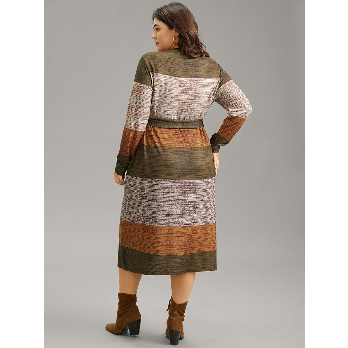 Plus Size Colorblock Contrast Heather Belted Dress Chocolate Women Casual Non Round Neck Long Sleeve Curvy Midi Dress BloomChic 28/5X Product Image