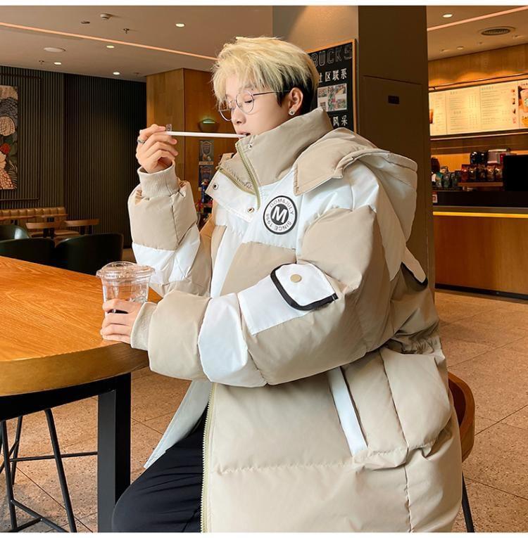 Hooded Stand Collar Two Tone Puffer Coat Product Image