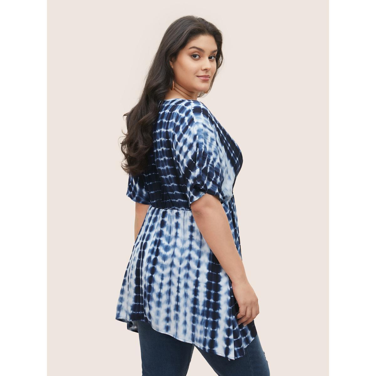 Plus Size Indigo Rayon Tie Dye Asymmetrical Hem Blouse Women Resort Half Sleeve V-neck Vacation Blouses BloomChic 12/L Product Image