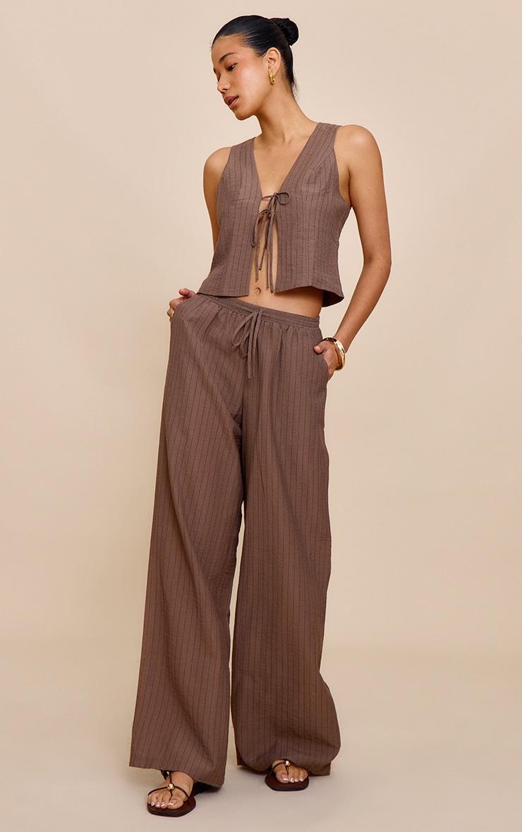 Brown Pinstriped Tie Front Top Product Image