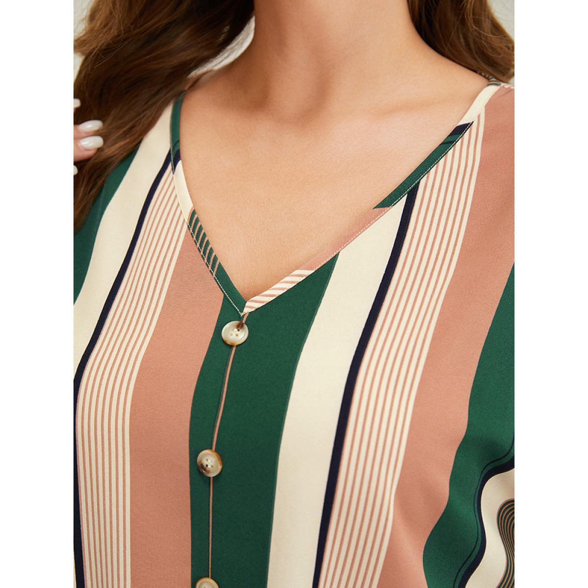 Plus Size Multicolor Striped Print Button Detail Batwing Sleeve Blouse Women Vacation Half Sleeve V-neck Dailywear Blouses BloomChic 26/4X Product Image