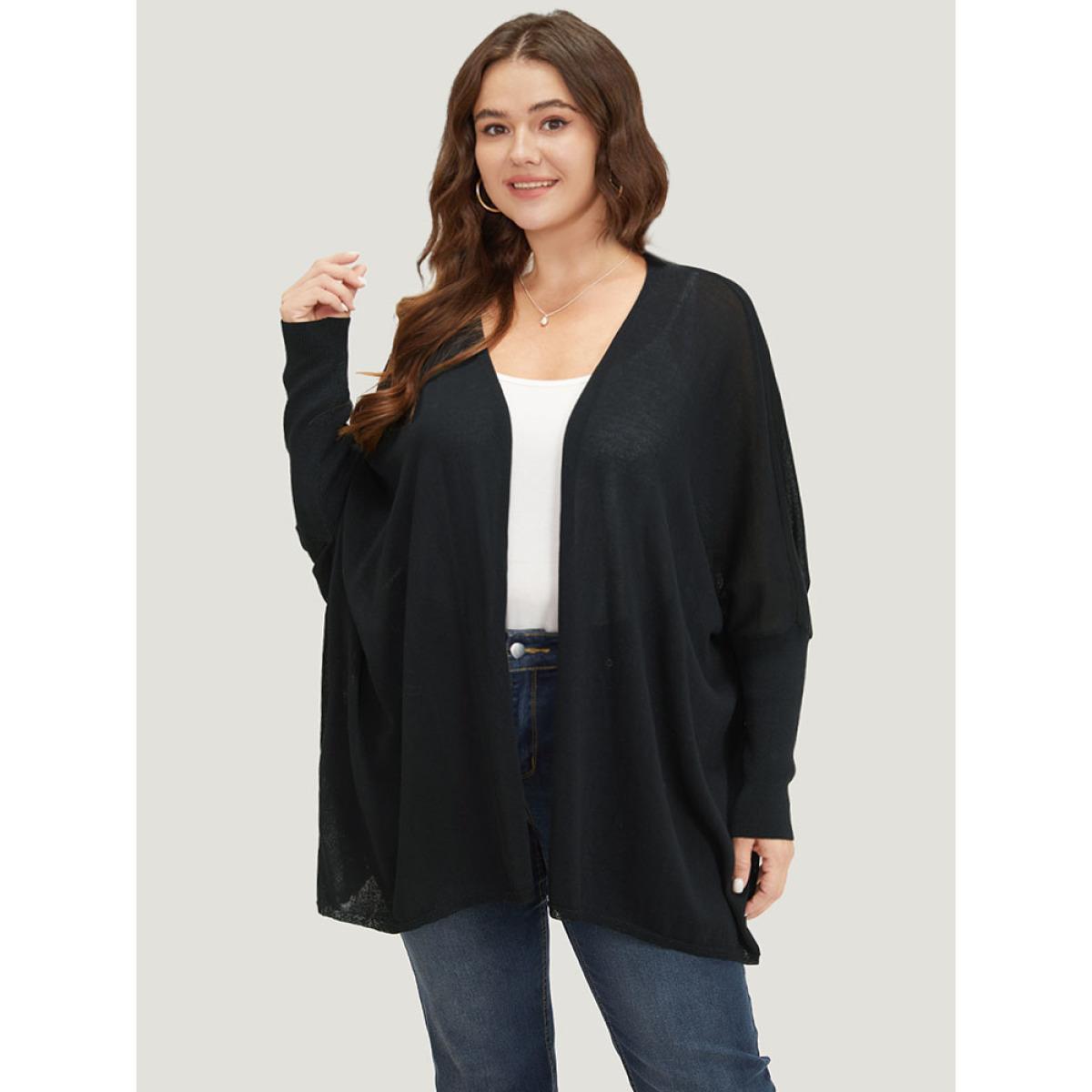 Plus Size Plain Open Front Batwing Sleeve Elastic Cuffs Cardigan Black Women Casual Loose Long Sleeve Everyday Cardigans BloomChic 10/M Product Image