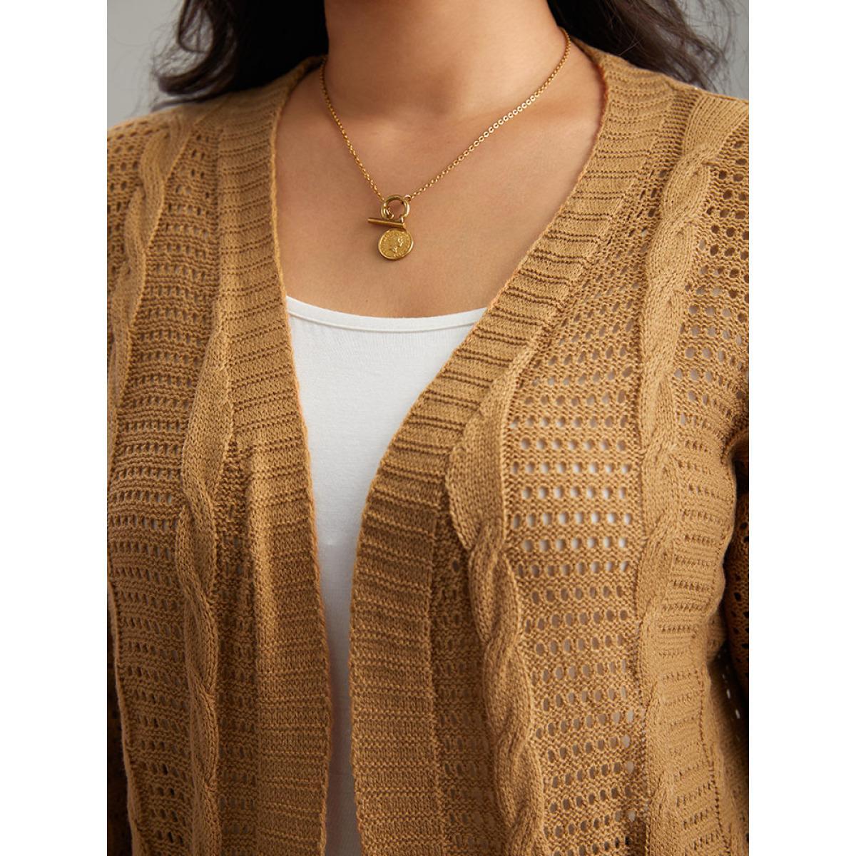 Plus Size Plain Cable Knit Elastic Cuffs Cardigan Bronze Women Casual Loose Long Sleeve Dailywear Cardigans BloomChic 14-16/1X Product Image