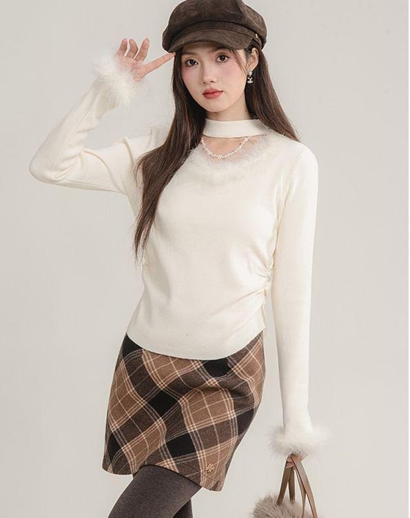 Long-Sleeve Crewneck Furry Trim Plain Knit Top Product Image